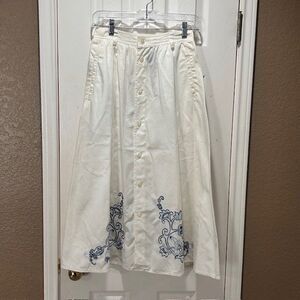 Vintage Prairie Maxi Skirt 6 Petite Button Front Pockets Embroidered Ivory White